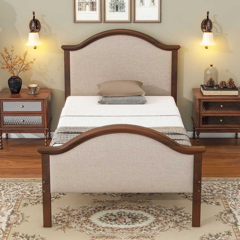 Twin Bed with Upholstered Headboard and Footboard, with Slats,Walnut