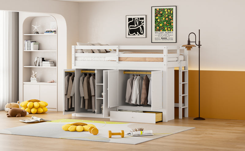 Twin size Loft Bed with Drawer, Two Wardrobes and Mirror, White