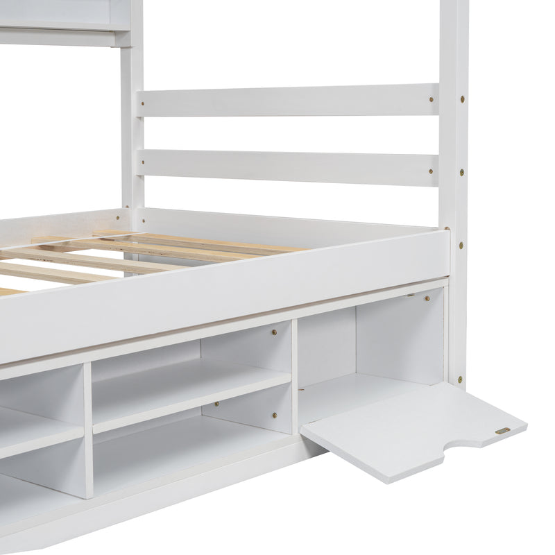 Twin House Bed with Roof Frame, Bedside-shelves, Under Bed Storage Unit,White