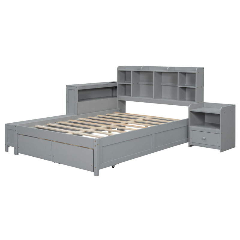 Platform Bed With Multi Functional Storage Space, Nightstand, 2 Drawers, USB Ports And Desk