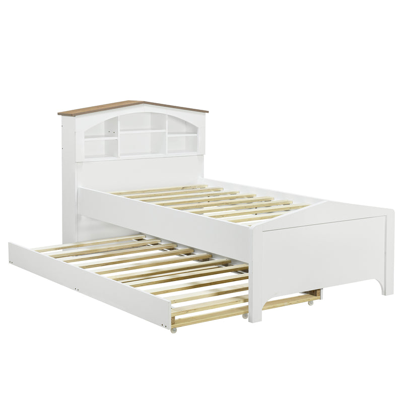 Twin Size Wood Platform Bed with House-shaped Storage Headboard and Trundle, White