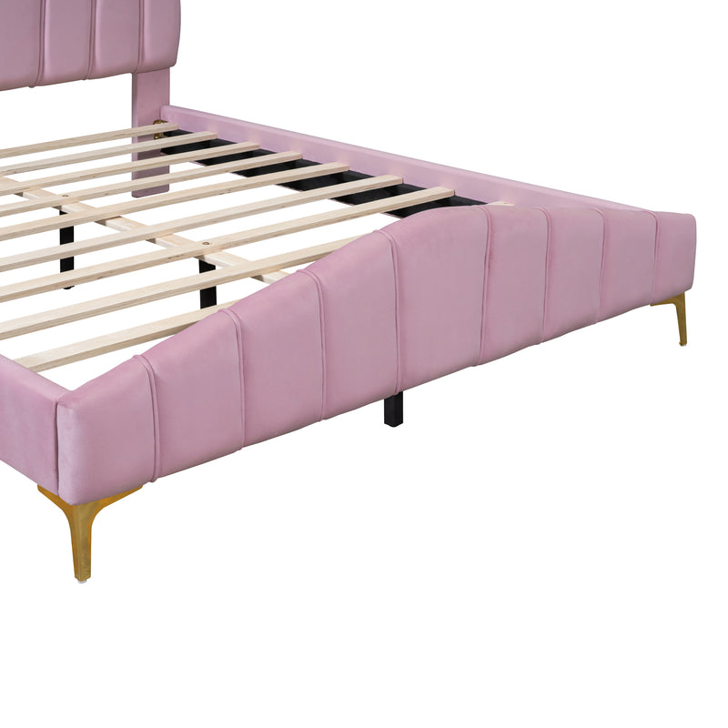 Queen Size Velvet Platform Bed with Thick Fabric, Stylish Stripe Decorated Bedboard and Elegant Metal Bed Leg, Pink