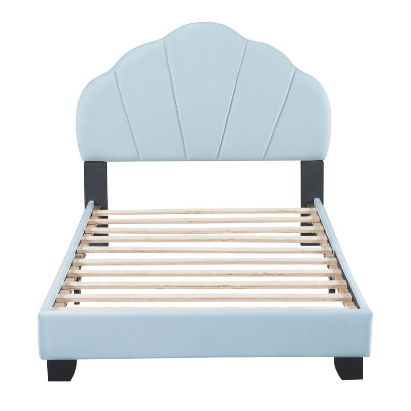 Twin Size Upholstered Velvet Platform Bed with Shell-Shaped Headboard, Blue