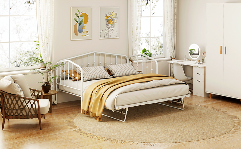 Twin Size Stylish Metal Daybed with Twin Size Adjustable Trundle, Portable Folding Trundle, White