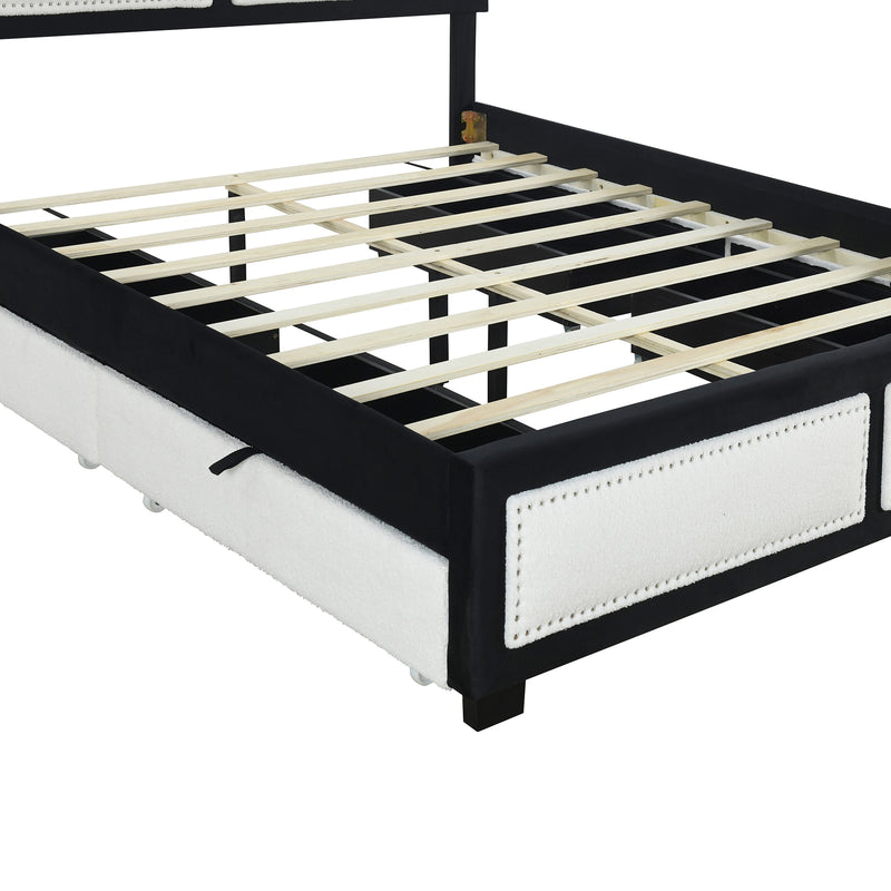 Queen Size Upholstered Platform Bed with Large Rivet-decorated Backrests and 4 Drawers, Velvet matched with Teddy Fleece, Black+White