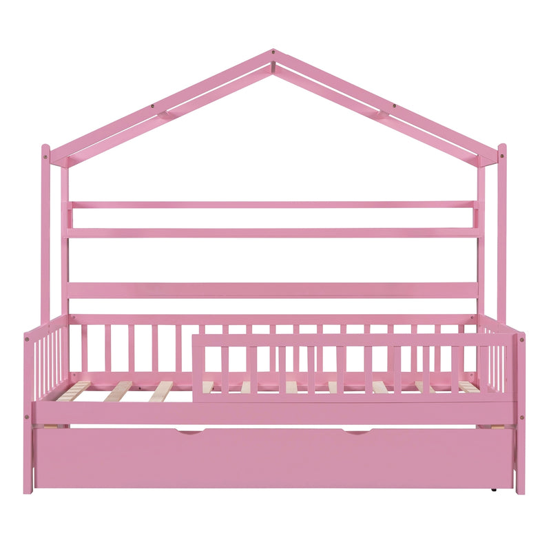 Wooden Twin Size House Bed with Trundle,Kids Bed with Shelf, Pink