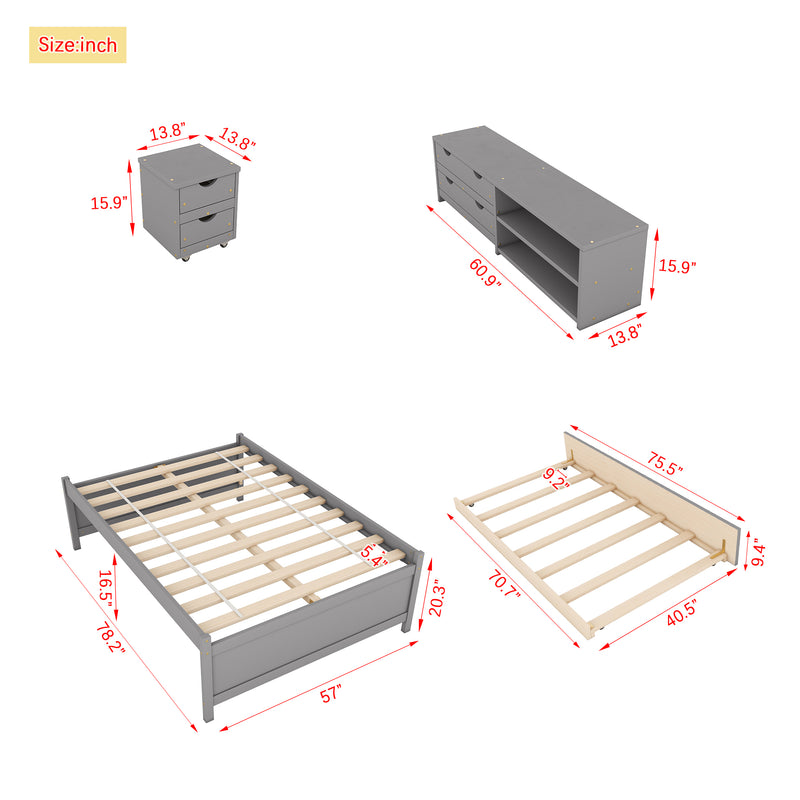 Versatile Full Bed with Trundle,Under bed Storage Box and Nightstand .Grey