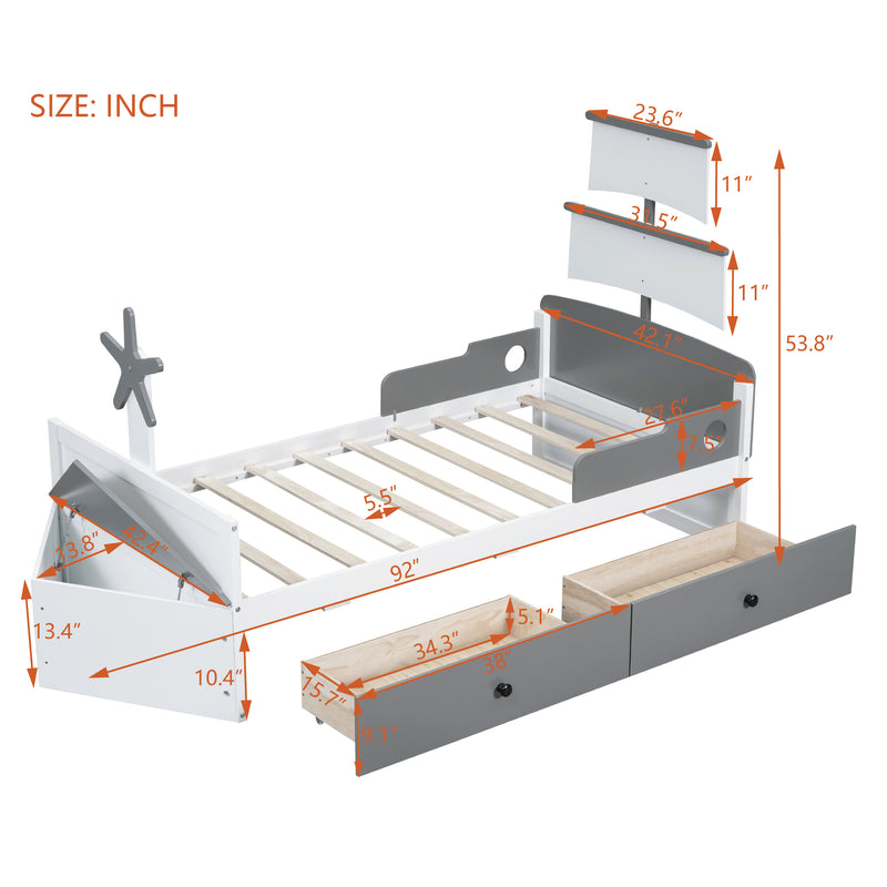 Twin Size Boat-Shaped Platform Bed with 2 Drawers,Twin Bed with Storage for Bedroom,Gray