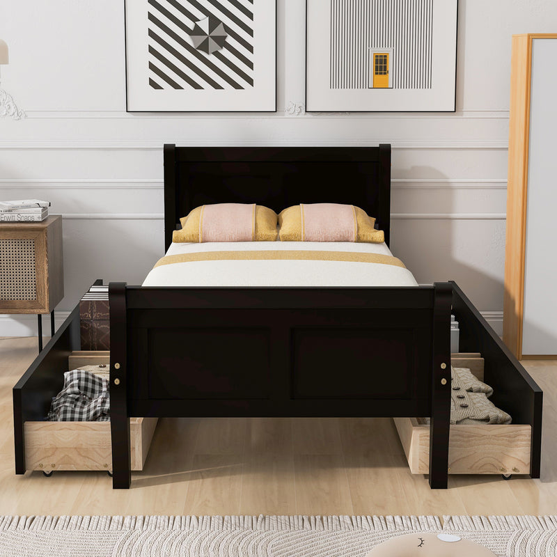 Twin Size Wood Platform Bed with 4 Drawers and Streamlined Headboard & Footboard, Espresso