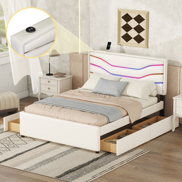 Queen Size Upholstered Storage Platform Bed with LED, 4 Drawers and USB Charging, White