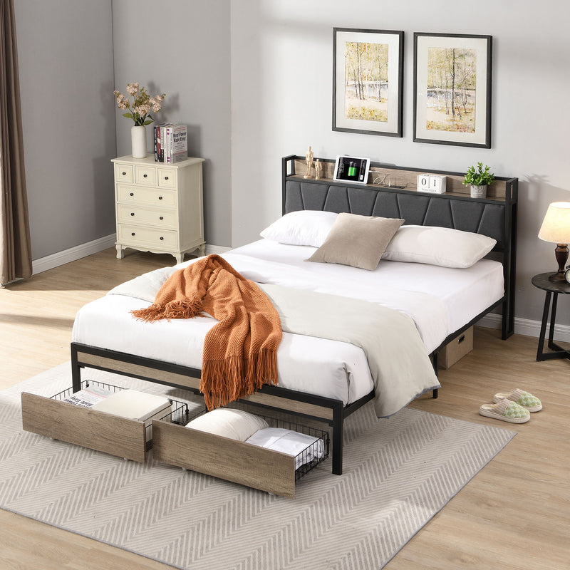 Metal Platform Bed Frame With Upholsteryolstery Storage Function Headboard And USB Liner And Footboard With Drawers, No Box Spring Needed, Large Under Bed Storage