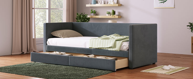 Twin Size Corduroy Daybed with Two Drawers and Wood Slat, Gray