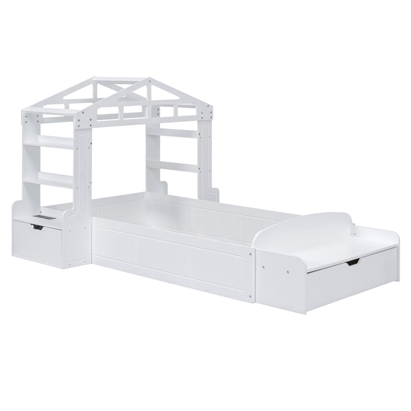 Twin Size House Bed with Bench, Socket and Shelves, White