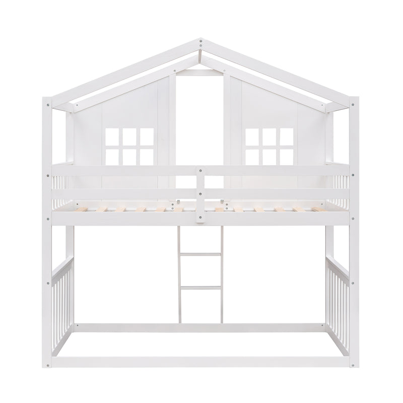 Twin Over Twin House Bunk Bed With Ladder, Wood Bed-White