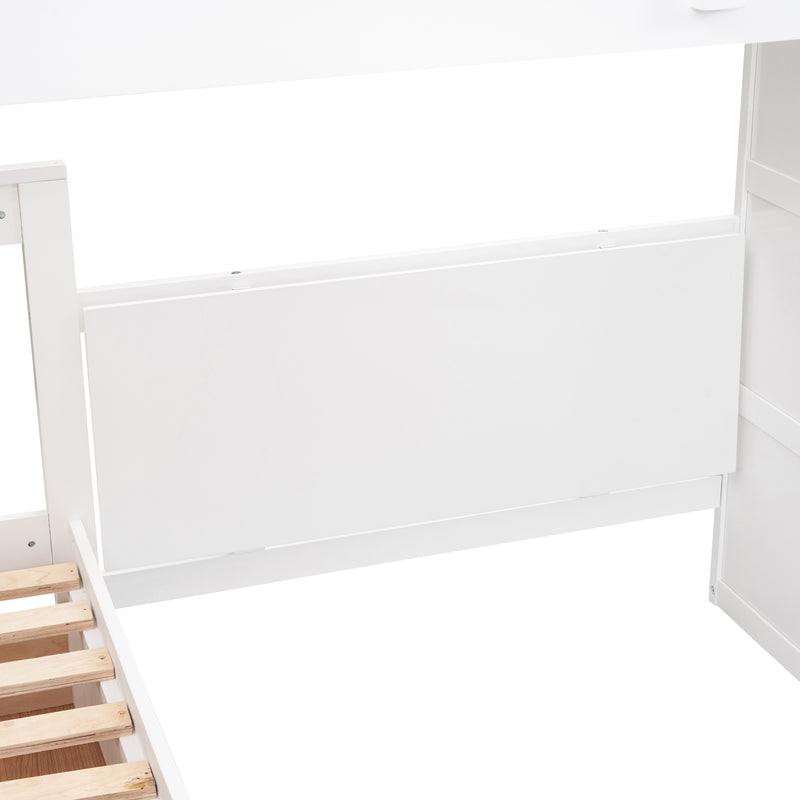 Twin-Twin over Full L-Shaped Bunk Bed With 3 Drawers, Portable Desk and Wardrobe, White