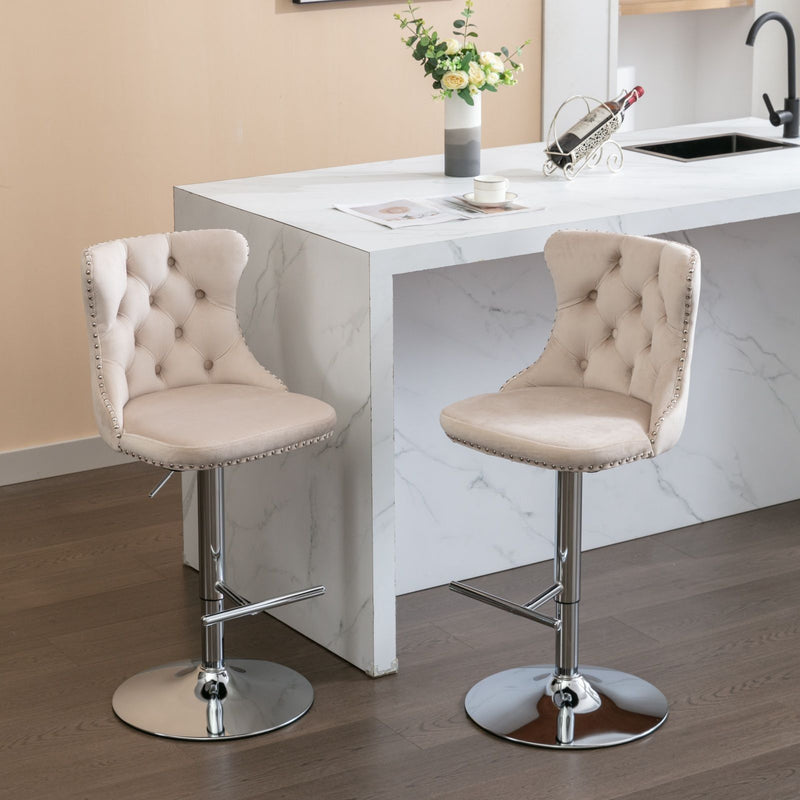 Swivel Velvet Barstools Adjusatble Seat Height From 25-33", Modern Upholstered Chrome Base Bar Stools With Backs Comfortable Tufted For Home Pub And Kitchen Island (Set of 2)