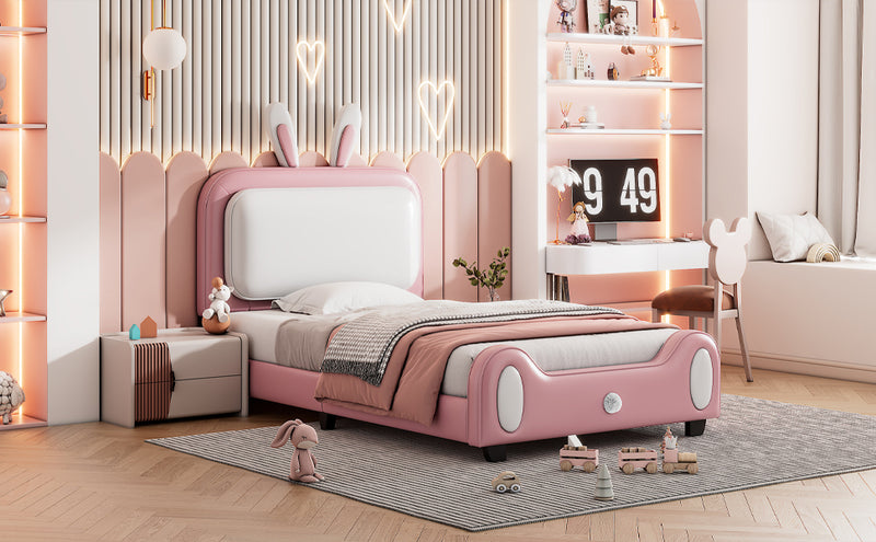 Twin size Upholstered Rabbit-Shape Princess Bed ,Twin Size Platform Bed with Headboard and Footboard,White+Pink