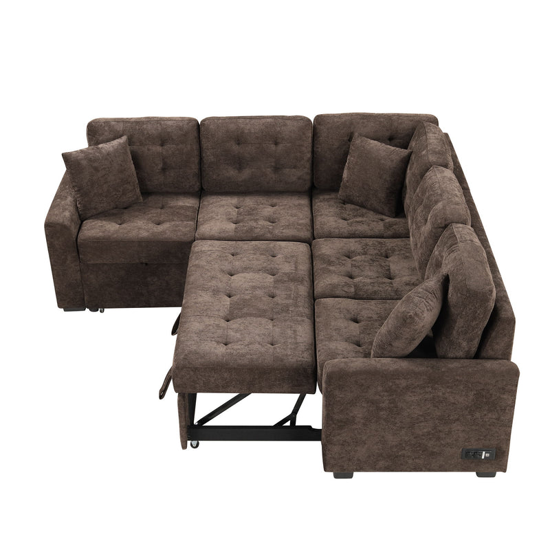 L-Shape Sofa Bed Pull-Out Sleeper Sofa With Wheels, USB Ports, Power Sockets For Living Room