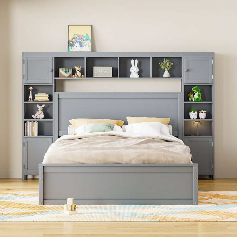 Queen Size Wooden Bed With All-in-One Cabinet, Shelf and Sockets, Gray