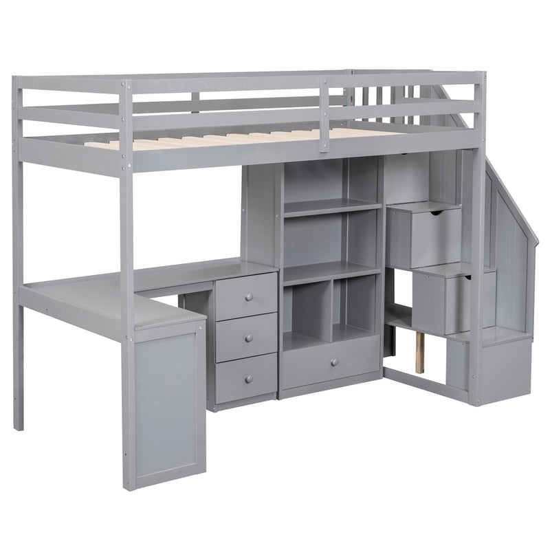 Twin Size Loft Bed with L-Shaped Desk and Drawers, Cabinet and Storage Staircase, Gray