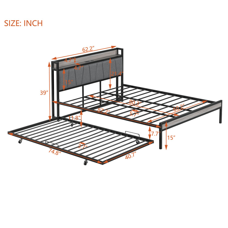 Queen Size Metal Platform Bed Frame with Twin size trundle, Upholstered headboard, Sockets, USB Ports and Slat Support, No Box Spring Needed, Black