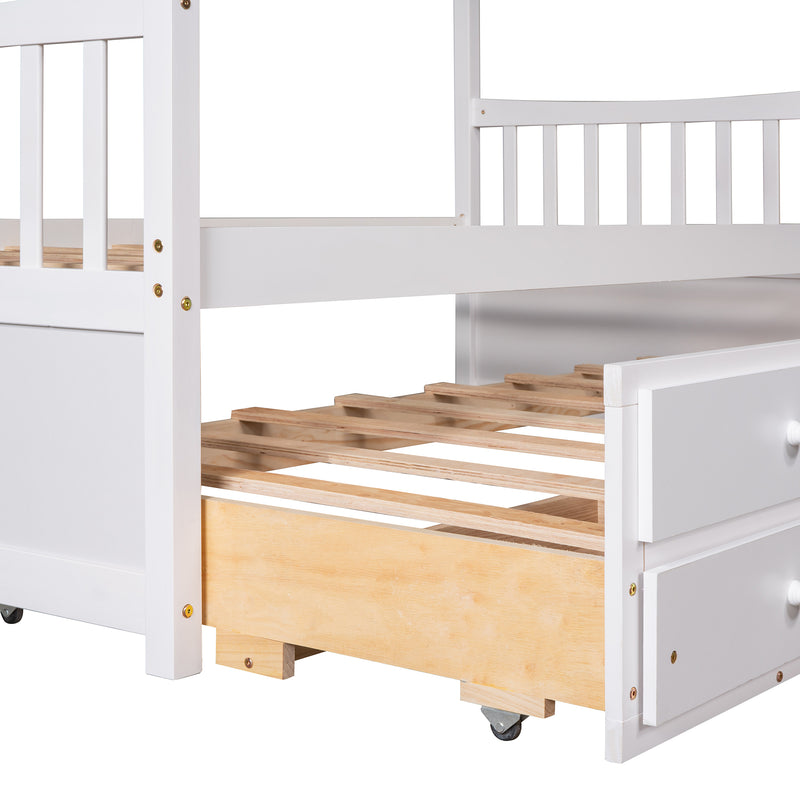 Twin size Wooden House Bed with Trundle and 3 Storage Drawers-White