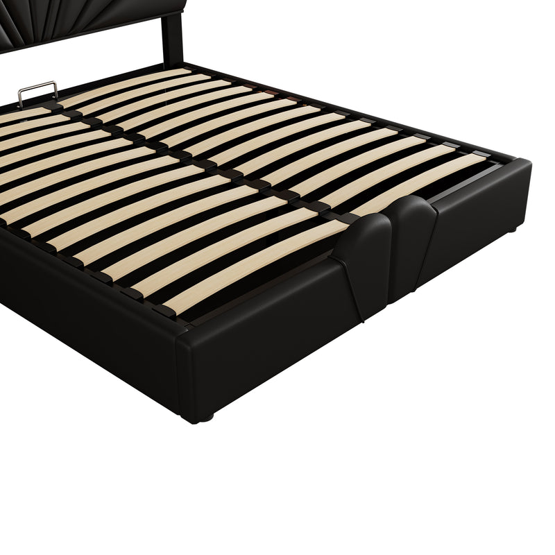 Queen Size Upholstered  Petal Shaped Platform Bed  with Hydraulic Storage System, PU Storage Bed, Decorated with metal balls, Black