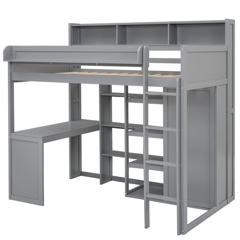 Wood Twin Size Loft bed with Multiple Storage Shelves and Wardrobe, Gray