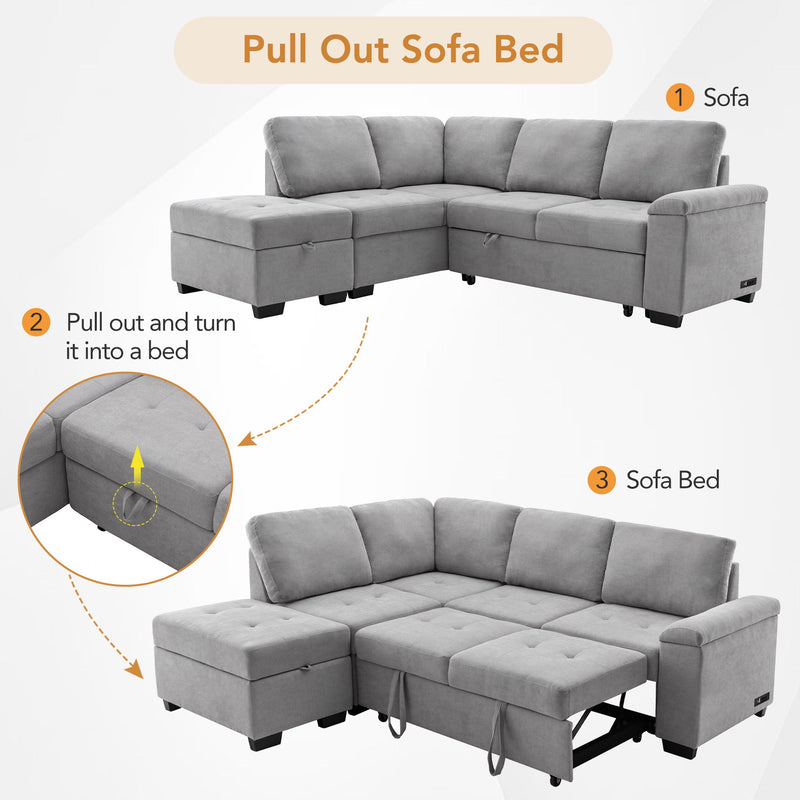 Sleeper Sectional Sofa, L-Shape Corner Couch Sofa Bed With Storage Ottoman & Hidden Arm Storage & USB Charge For Living Room Apartment