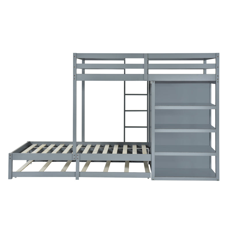 Twin-over-twin Bunk Bed with Wardrobe, Drawers and Shelves, Gray