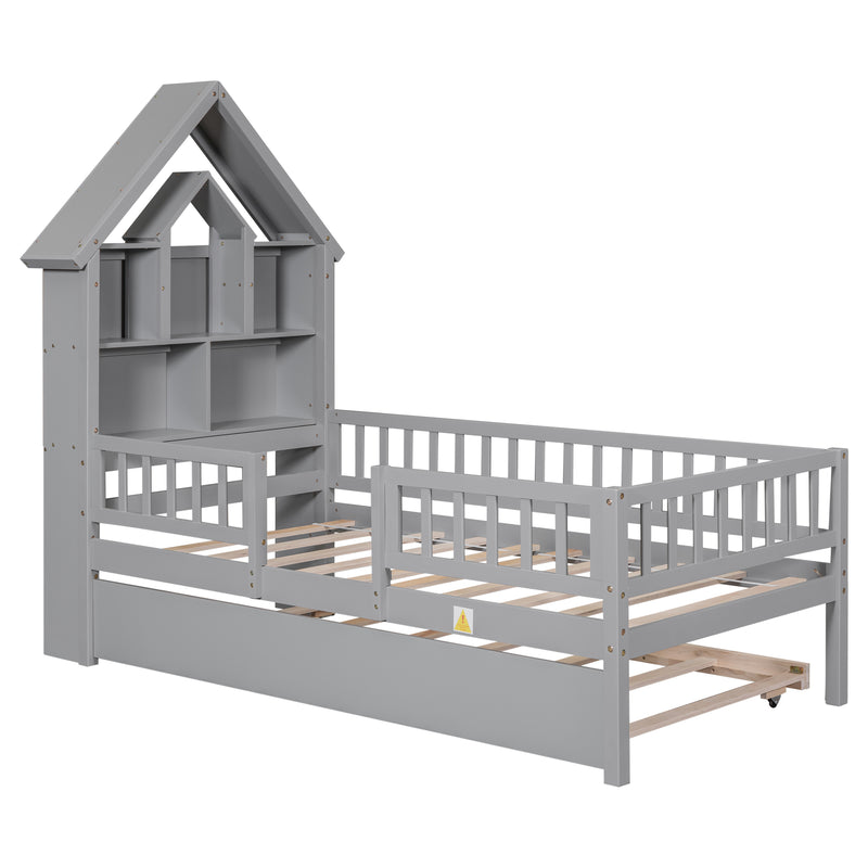 Twin Size House-Shaped Headboard with Fence Guardrails and Trundle ,Grey