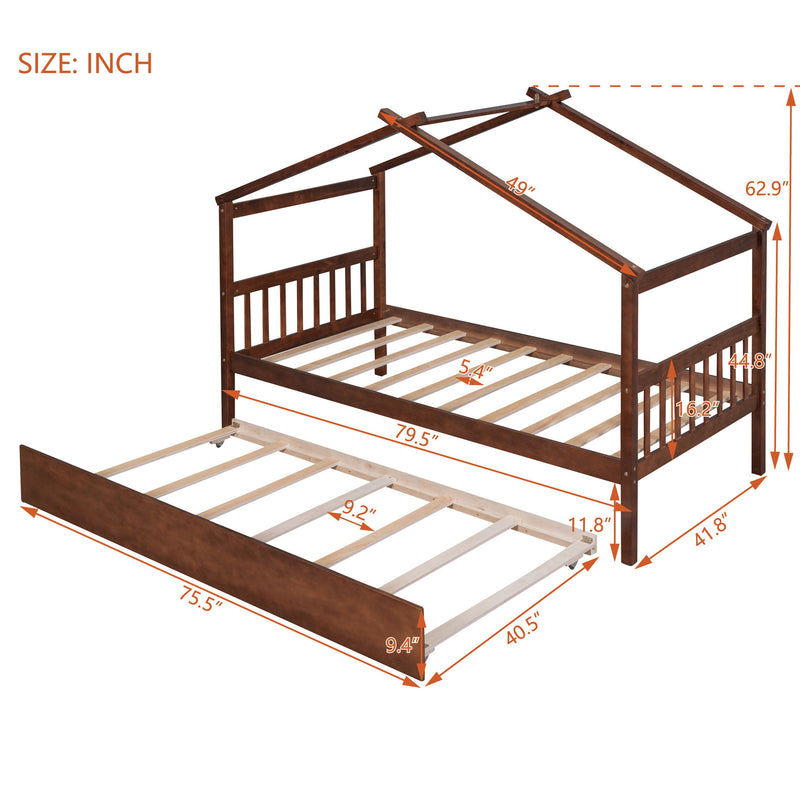 Wooden House Bed With Twin Size Trundle