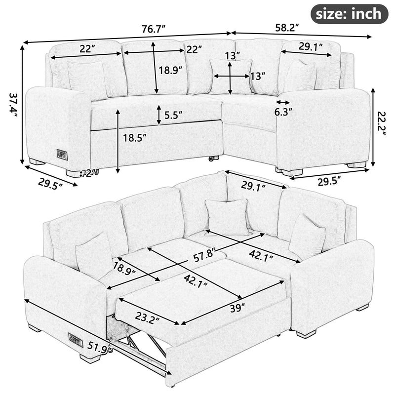 Sectional Sleeper Sofa With USB Charging Port And Plug Outlet, Pull-Out Sofa Bed With 3 Pillows, L-Shape Chaise For Living Room, Small Apartment - Gray