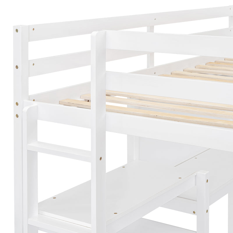 Twin Size Wooden Loft Bed with Shelves, Desk and Writing Board - White