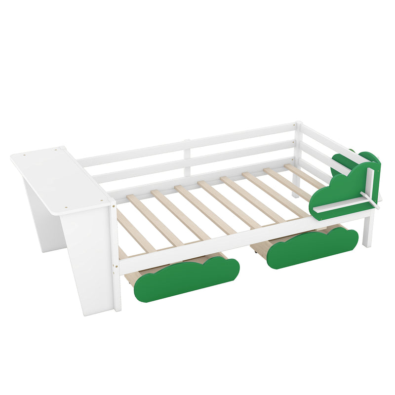 Twin Size Daybed with Desk, Green Leaf Shape Drawers and Shelves, White