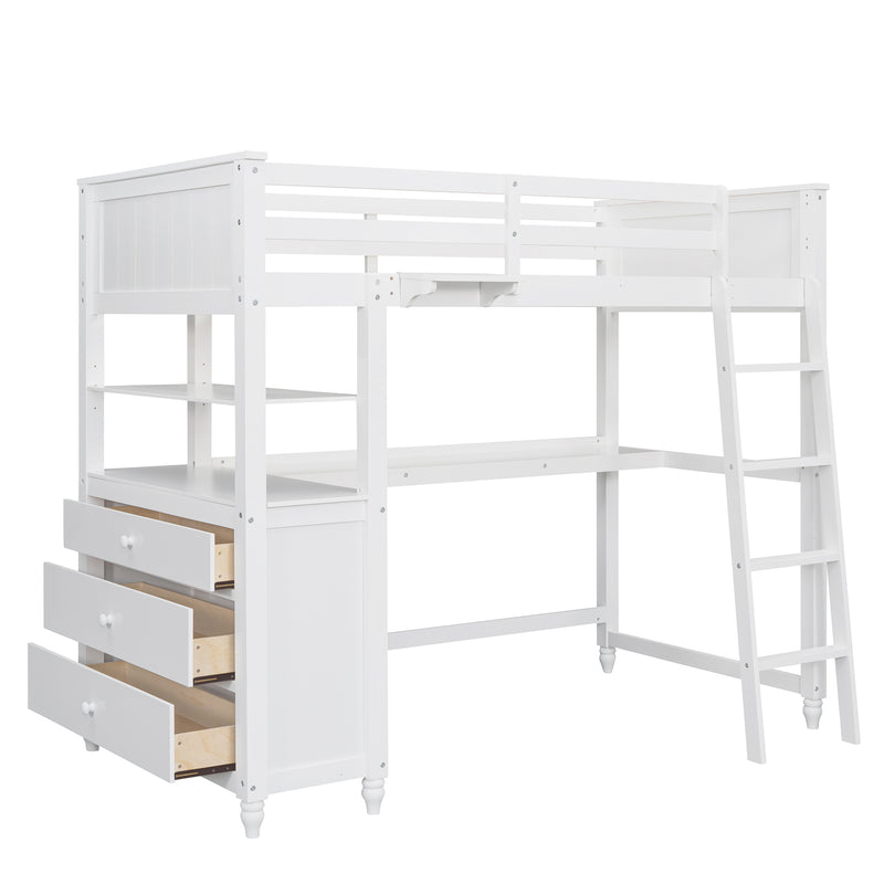 Twin size Loft Bed with Drawers and Desk, Wooden Loft Bed with Shelves - White(OLD SKU: LT001530AAK)