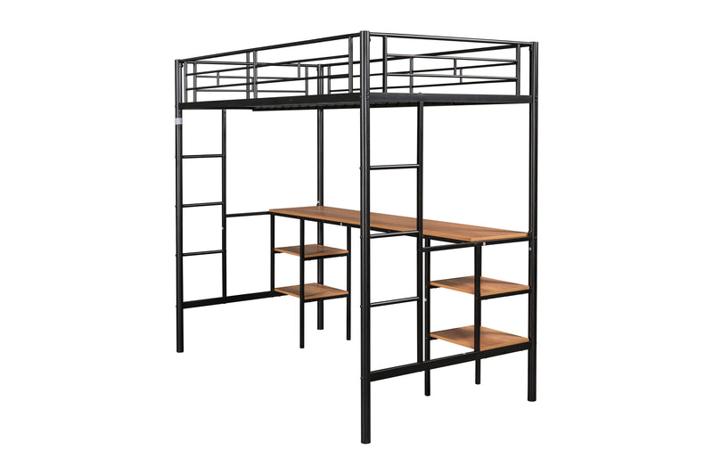 Twin-size Loft Bed with Table & Shelves/ Heavy-duty Sturdy Metal/ Built-in Table & Shelves/ Noise Reduced/ Safety Guardrail/ 2 Side Ladders/ CPC Certified/ No Box Spring Needed