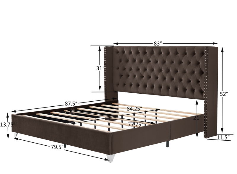 B100S King bed, Button designed Headboard,strong wooden slats + metal legs with Electroplate