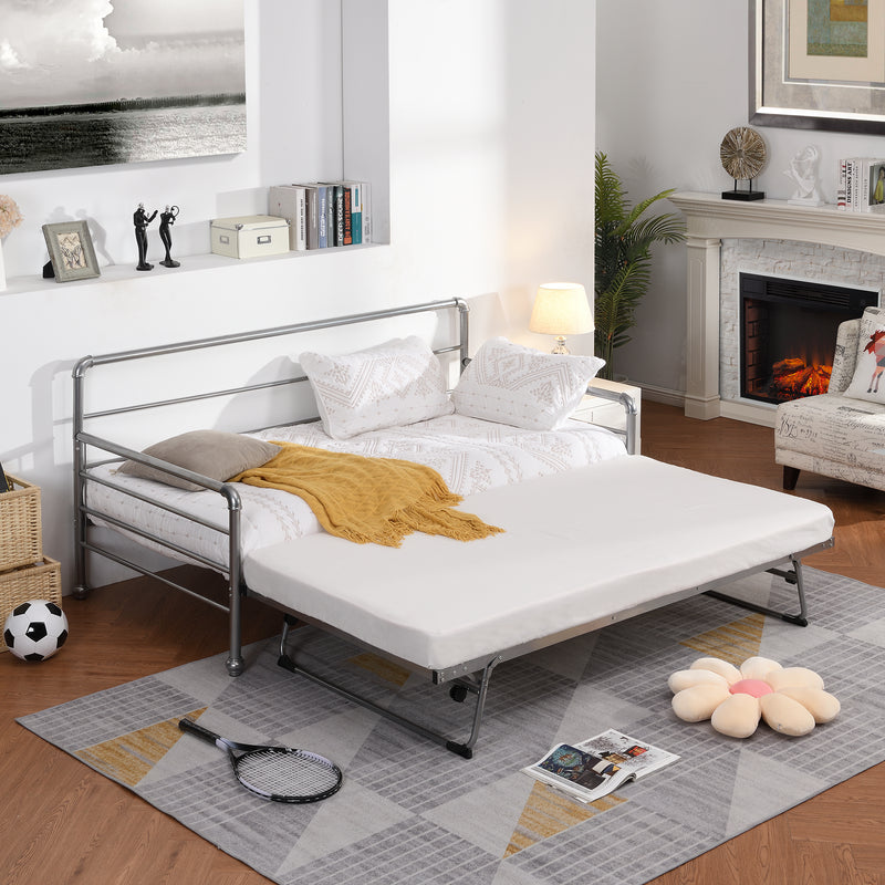 Twin Size Daybed with Adjustable Trundle, Pop Up Trundle, Silver