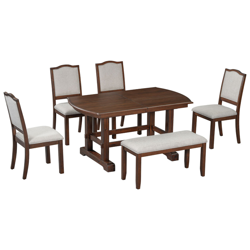 Extendable Wood Dining Table With Removable Leaf, Kitchen Table Set With 4 Upholstered Side Chair And Bench, Dining Table Set For 6 - Cherry