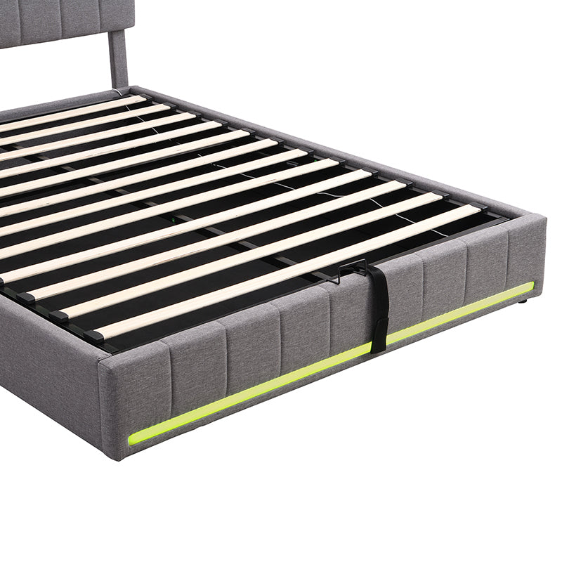 Queen Size Upholstered Platform Bed with Hydraulic Storage System, LED Light, and a set of USB Ports and Sockets, Linen Fabric, Gray