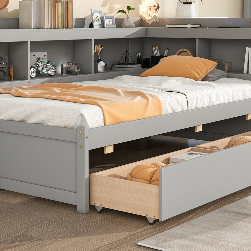 Twin Bed with L-shaped Bookcases,Drawers,Grey