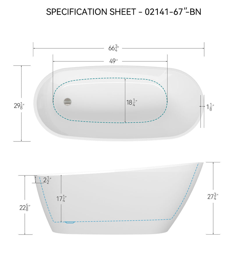 Acrylic Freestanding Soaking Bathtub With Integrated Slotted Overflow And Brushed Nickel Toe-Tap Drain, Cupc C Ertified, 02141-Bn - Glossy White