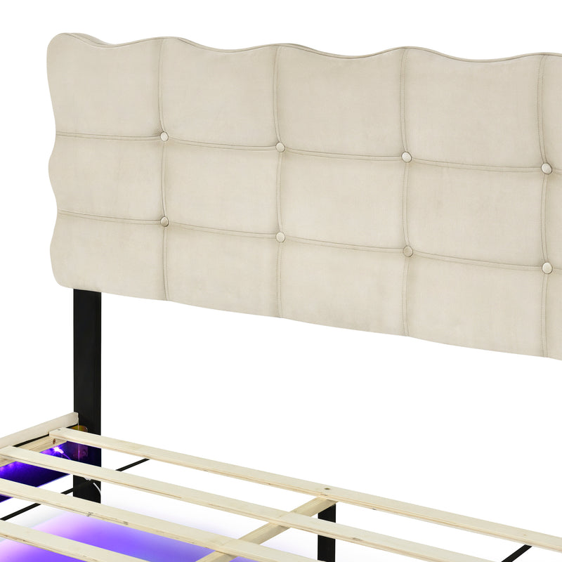 Queen Size Velvet Platform Bed with LED Frame and Stylish Mental Bed Legs, Beige