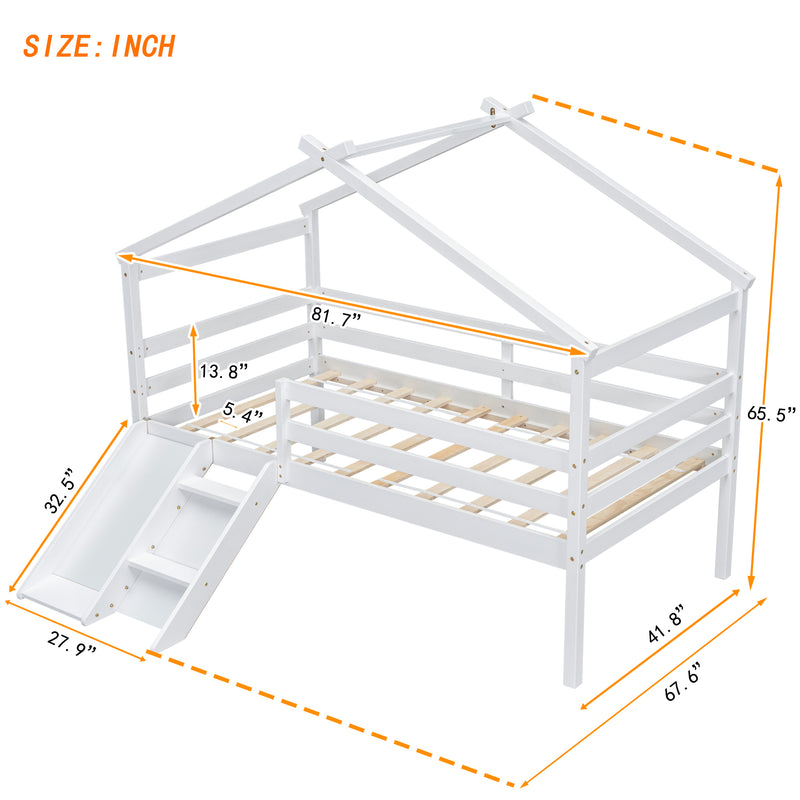 Twin Low Loft House Bed with Slide,  Ladder, Safety Guardrails, House Roof Frame,White