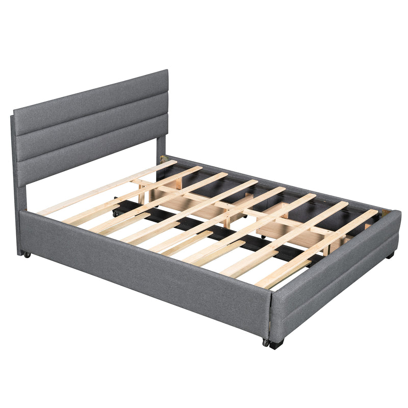 Queen Upholstered Platform Bed with Twin Size Trundle and Two Drawers,Grey