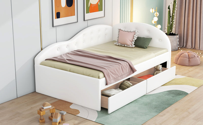 Twin Size PU Upholstered Tufted Daybed with Two Drawers and Cloud Shaped Guardrail, White