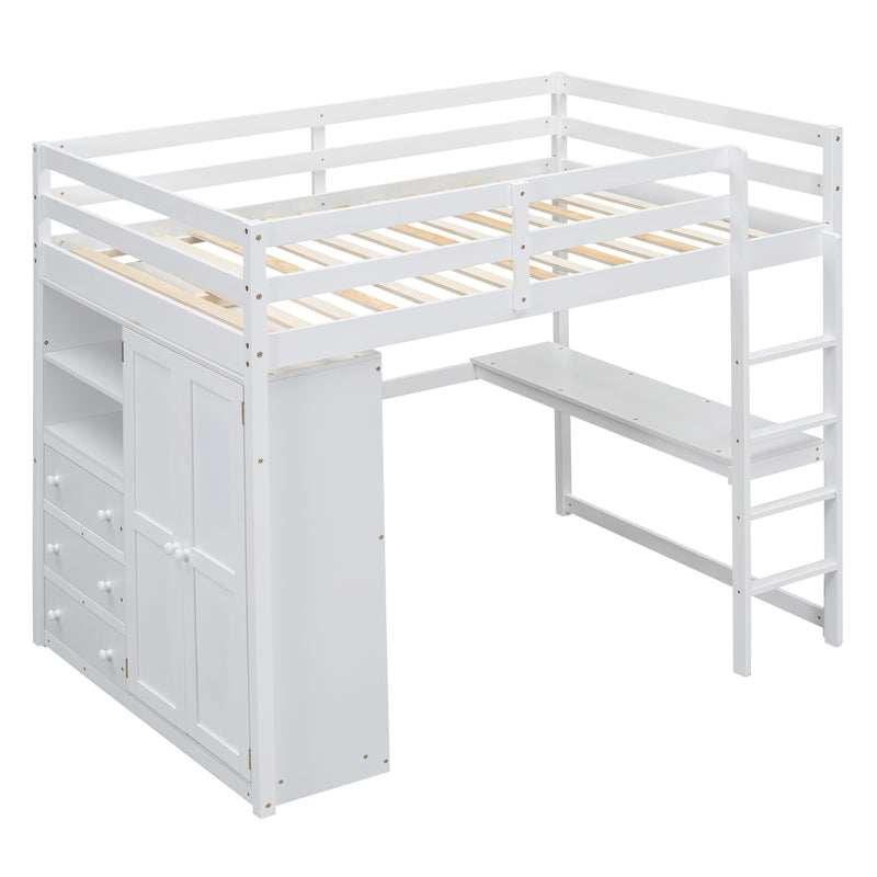 Wood Full Size Loft Bed with Built-in Wardrobe, Desk, Storage Shelves and Drawers, White