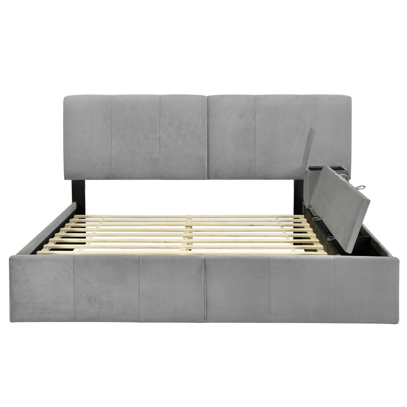 Queen Size Upholstered Platform Bed with Lateral Storage Compartments and Thick Fabric, Velvet, Gray