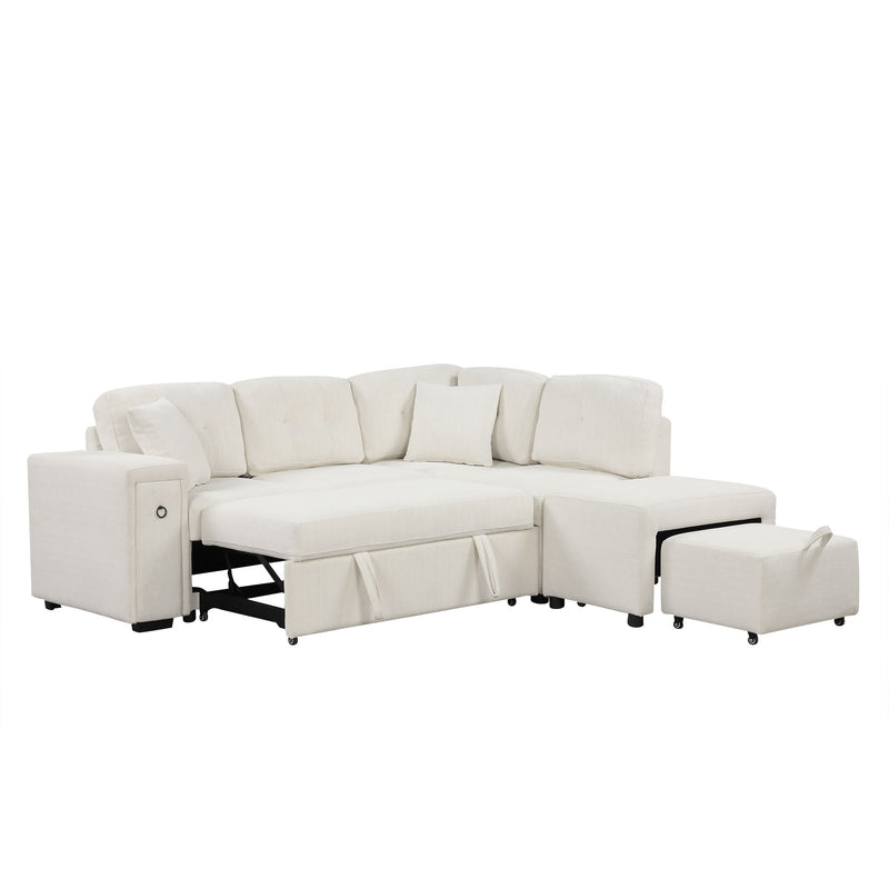 Sectional Sofa L-Shaped Sofa Couch Pull-Out Sofa Bed With A Movable Ottoman, Two USB Ports And Two Cup Holders For Living Room